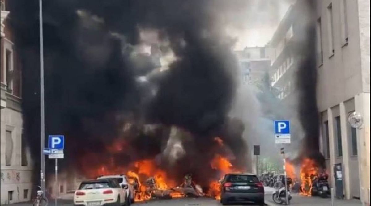 Heavy explosion in a van carrying oxygen in Milan city of Italy, many vehicles burnt to ashes