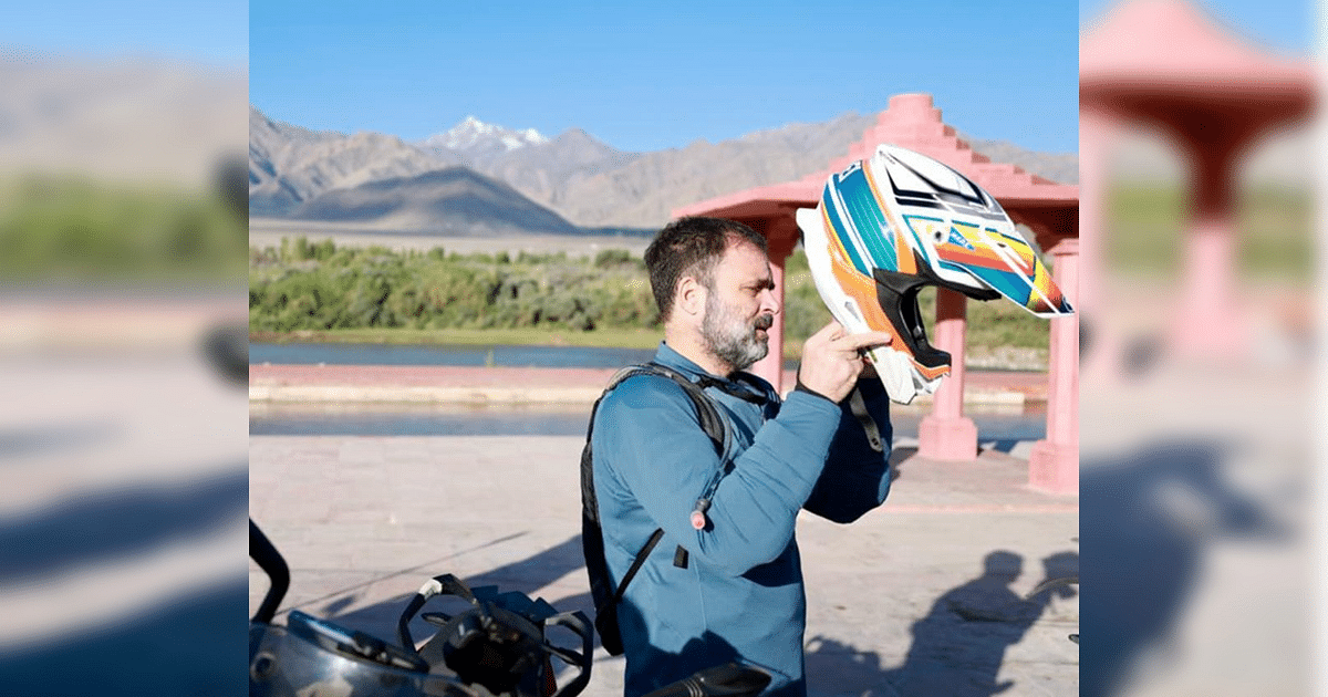 PHOTOS: Rahul Gandhi was seen roaming in the plains of Ladakh by bike