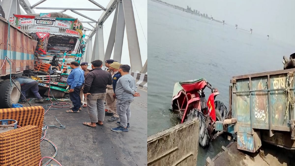 Two trucks collided on Patna's Gandhi Setu due to driver falling asleep, tractor in river and car overturned in water filled pit.