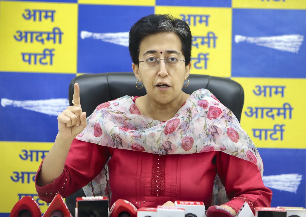 Delhi Minister and AAP leader Atishi addresses a press conference